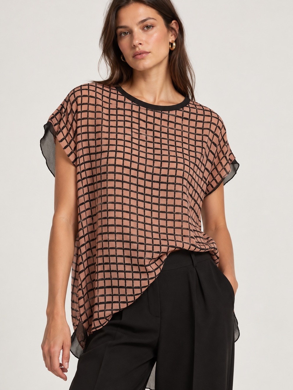 Aritzia Wilfred 100% Silk Grid Print Short Sleeve Blouse Top in Taupe and Black